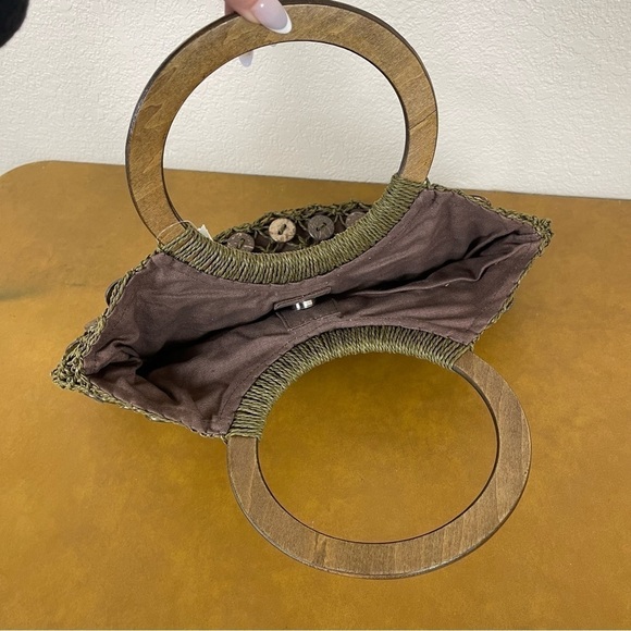 Blue Miami Woven Wooden Handle Button Embellished Bohemian Purse - Picture 6 of 11